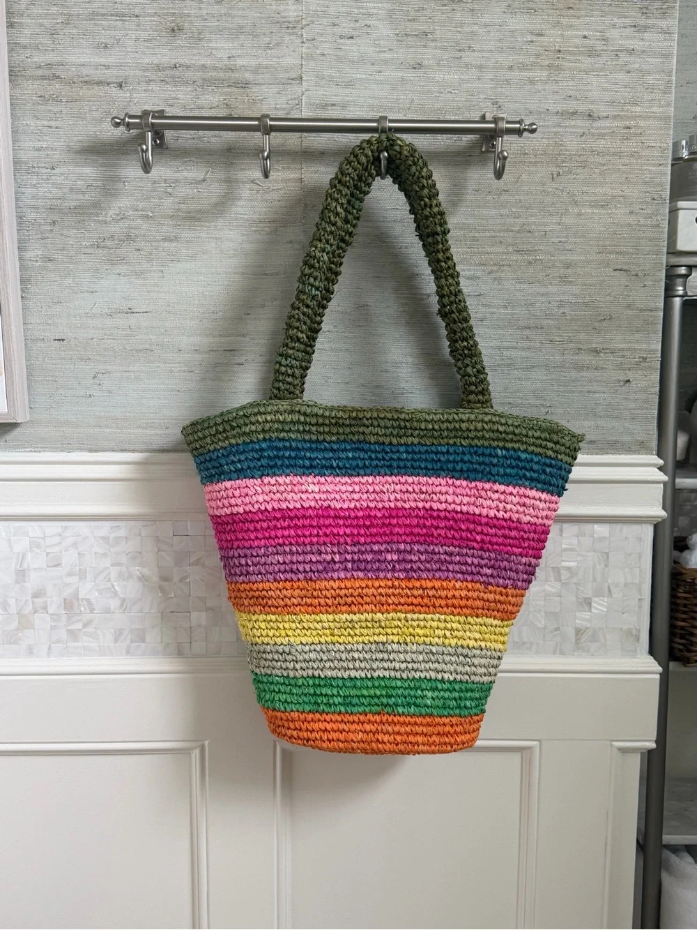 New anthropologie sunshine tienda Bermuda pool tote bag rainbow straw stripe